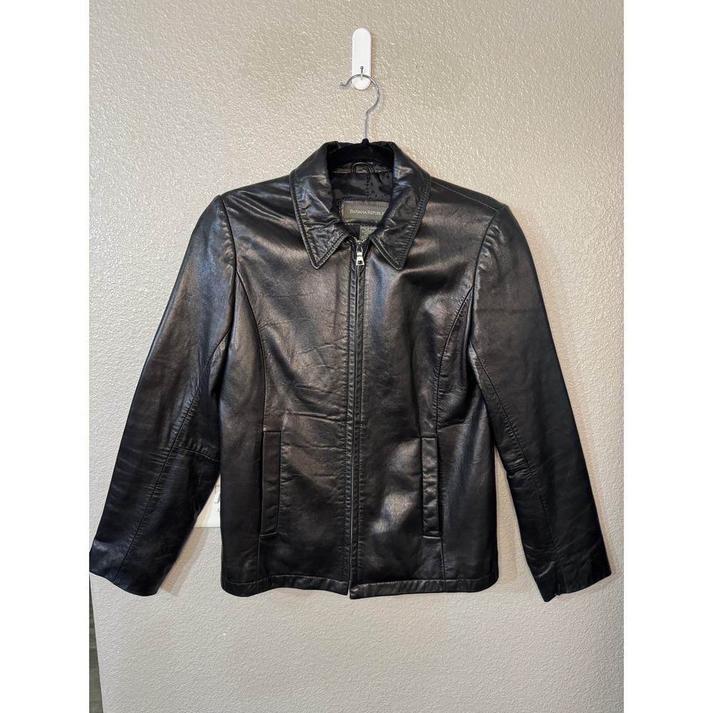 Banana Republic Womens XS Black Genuine Leather Zip Up Jacket Vintage Style